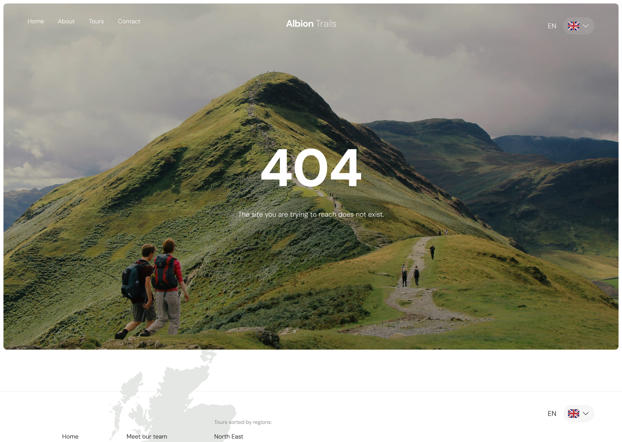 Homepage of a tour service site. Two hikers walk a scenic trail on a lush, green hillside. Text reads - Rediscover England, One Trail at a Time. 404 error information is displayed.